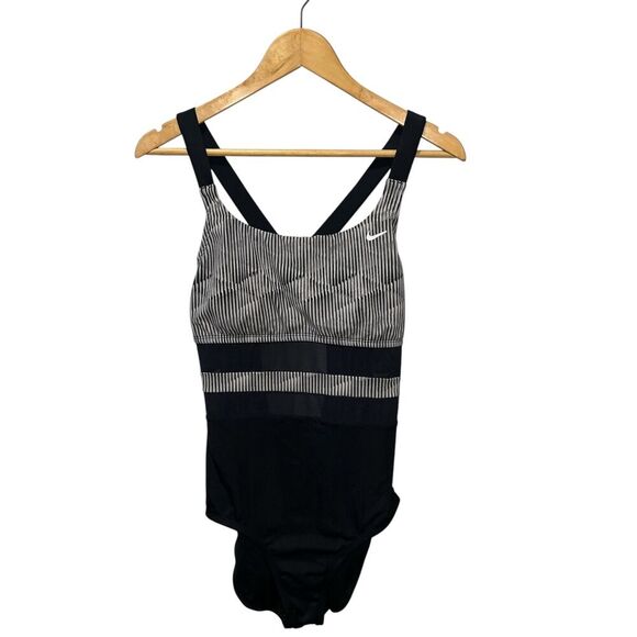 Nike Women's One Piece Swimsuit Large Black White Stripe Front Logo Swimwear - Picture 1 of 5